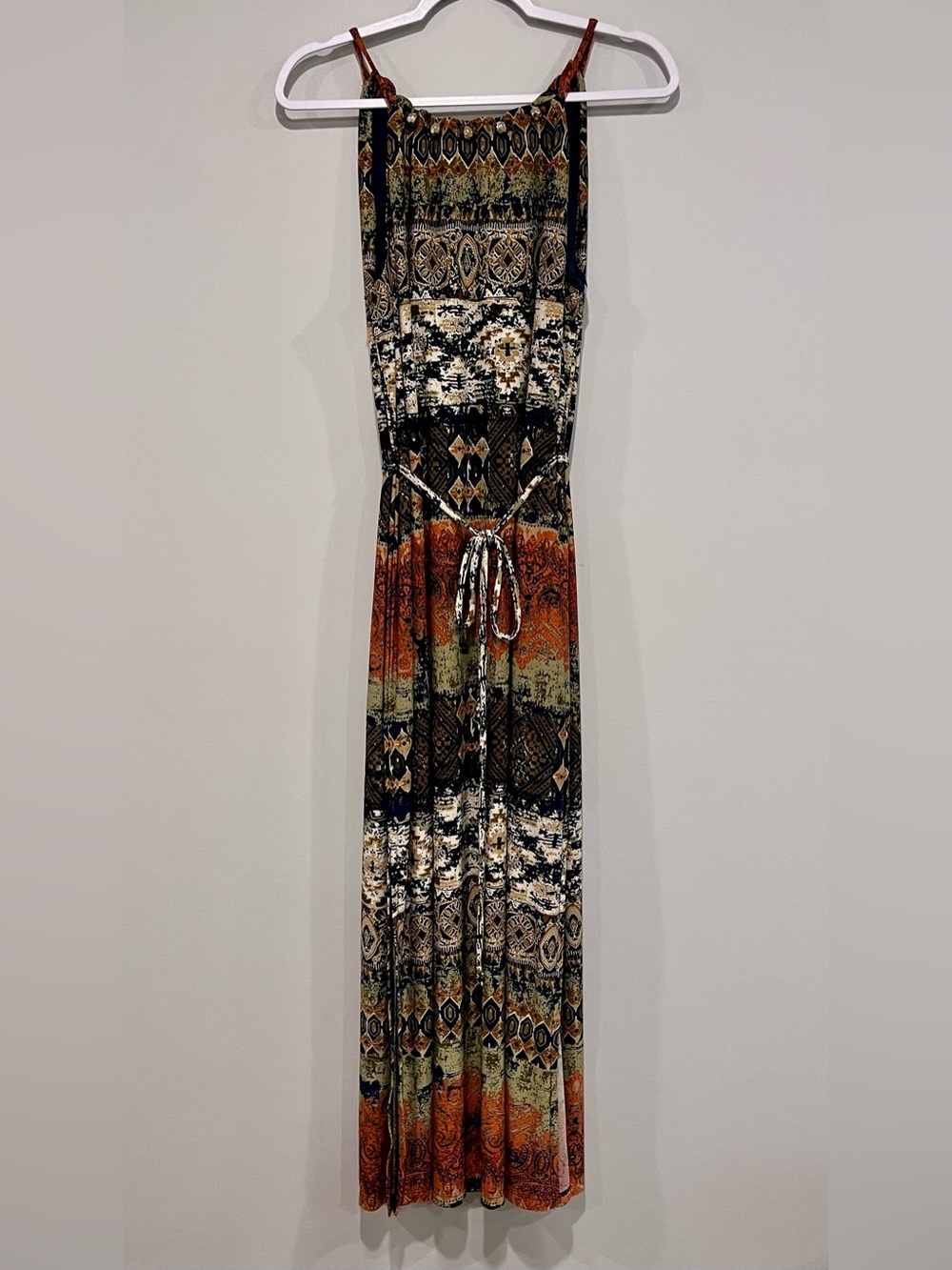 EST. 1946 Women’s XLP Boho Maxi Dress Navy Orange Paisley Print Belted